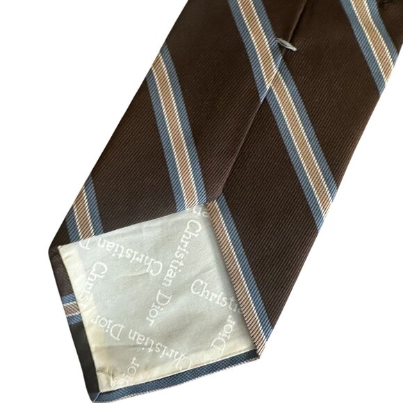 CHRISTIAN DIOR Mens Striped Brown Vintage Neck Tie - Picture 6 of 7